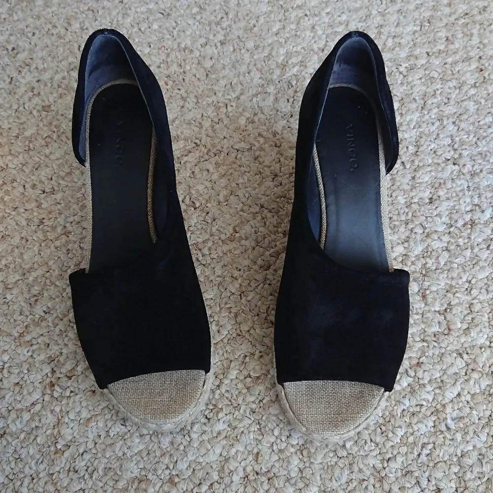 VINCE Sonora Black Suede D'orsay Jute Platform Wedge Sandal size 8.5 M